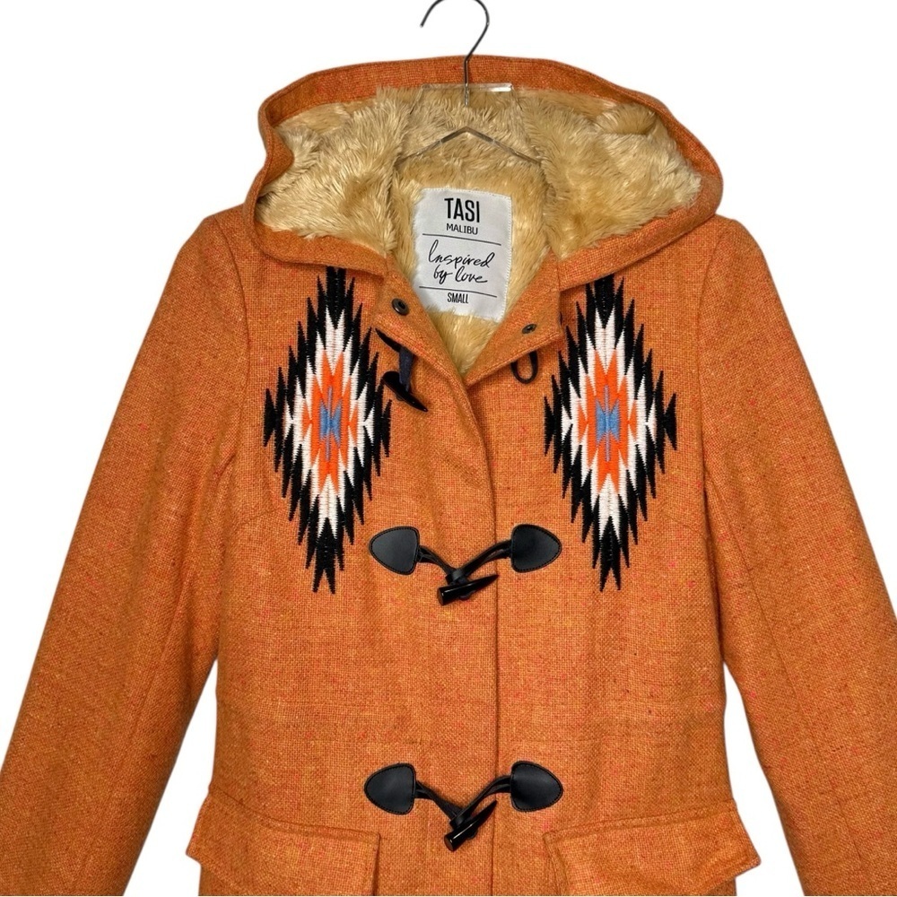 Tasi Malibu Aztec Southwestern Wool Faux Fur Lined Women’s Hooded Coat Sz S - Picture 3 of 14